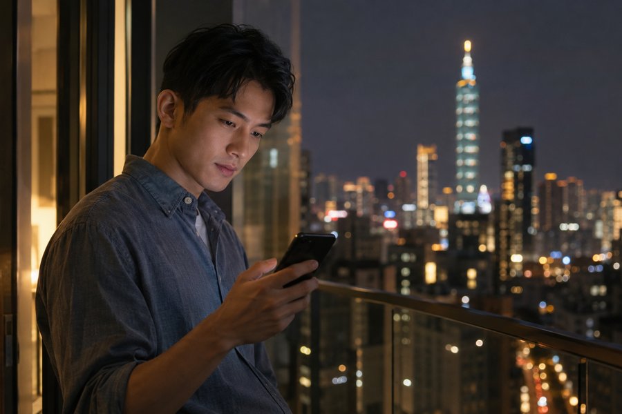 城市夜晚使用手機的男性